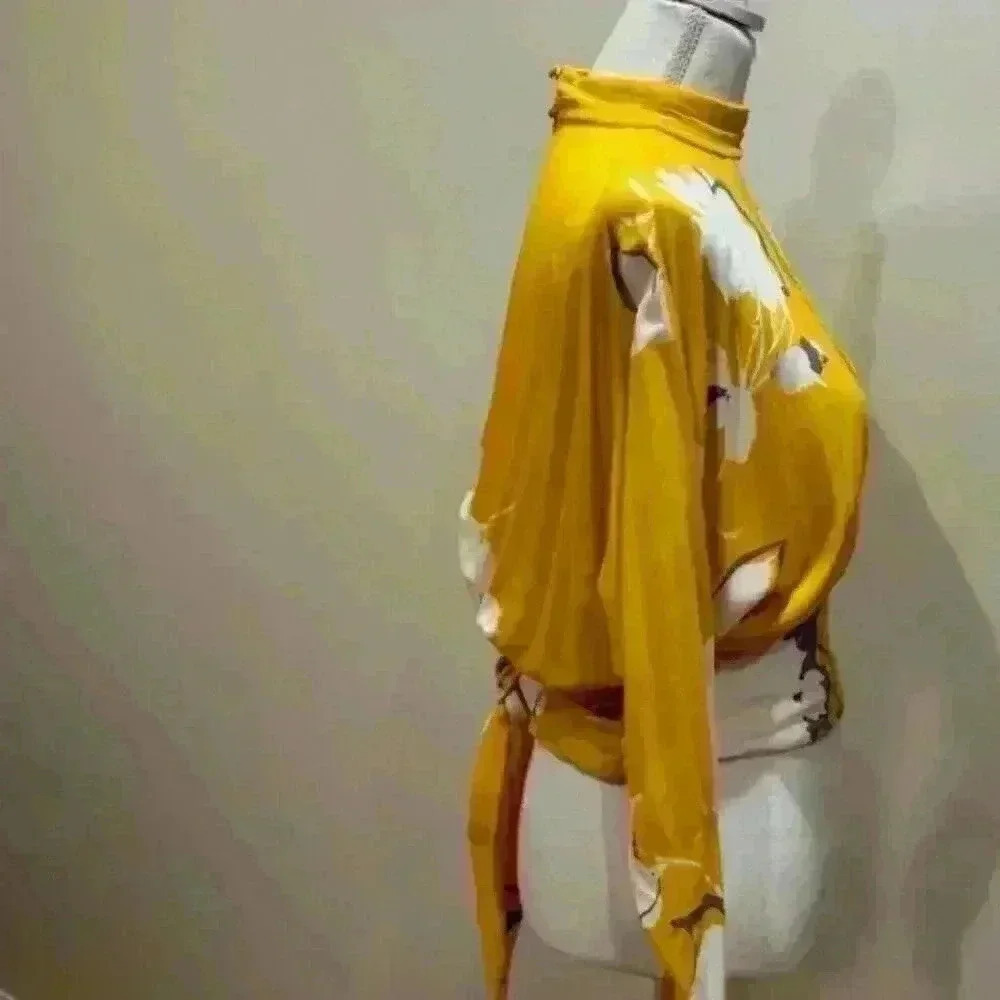 Free People Floral Yellow Mock Neck Top Size Small/Petite - Picture 4 of 9